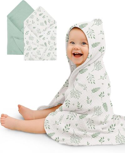Hooded Baby Towels 2 Pack, Muslin Baby Bath Towels with Hood for Newborn Infant and Toddler, Soft Breathable & Absorbent, 32" x 32" (Teddy & Friends, Heavyweight) in Saudi Arabia