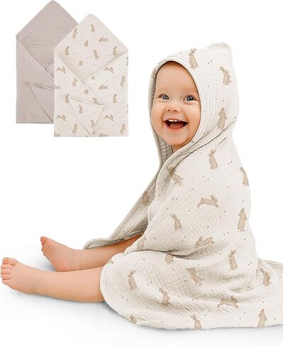 Hooded Baby Towels 2 Pack, Muslin Baby Bath Towels with Hood for Newborn Infant and Toddler, Soft Breathable & Absorbent, 32" x 32" (Teddy & Friends, Heavyweight) in Saudi Arabia