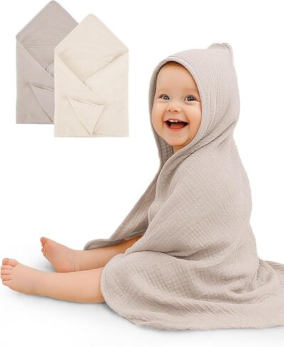 Hooded Baby Towels 2 Pack, Muslin Baby Bath Towels with Hood for Newborn Infant and Toddler, Soft Breathable & Absorbent, 32" x 32" (Teddy & Friends, Heavyweight) in Saudi Arabia
