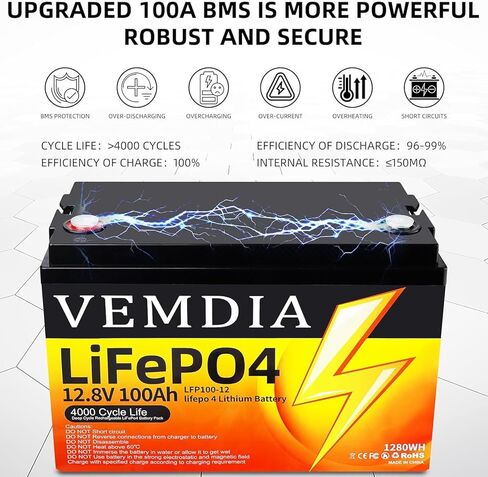 بطارية ليثيوم 12 فولت 100 أمبير LiFePO4، مجموعة 31 بطارية ليثيوم فوسفات الحديد مدمجة 100 أمبير BMS ذكية، 15000 دورة عميقة بطارية قابلة لإعادة الشحن وعمر طويل للمركبات الترفيهية والطاقة الشمسية وطاقة الرياح والمنزل in Kuwait