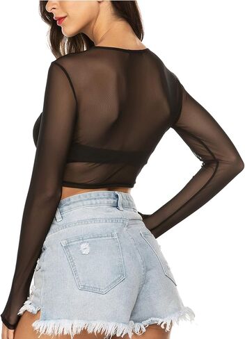 Avidlove Women's Mesh Tops Long Sleeve See Through Tee Shirt Crop Sheer Blouse Sexy Clubwear XS-4XL in Kuwait