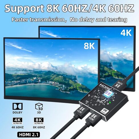 8K HDMI 2.1 Switch Bi-Directional - 2 in 1 Out Switcher/1 in 2 Splitter Supports 8K@60Hz & 4K@60Hz, 48Gbps, 4:4:4bit,UlrtaHD High Resolution Switch Between 2 Inputs or Toggle Displays in Saudi Arabia