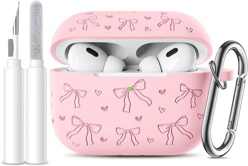Lerobo for AirPods Pro 2 Case Cover, Cute Bow Heart Engraved Girly Design Soft Silicone Cover with Cleaner Kit & Keychain, Compatible with Apple AirPods Pro Case for Women, 360°Protection, Pink in Saudi Arabia