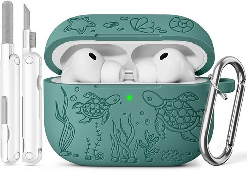حافظة AirPods Pro 3 2025 مع مجموعة منظف، غطاء حماية من السيليكون الناعم منقوش على شكل سلحفاة لطيف متوافق مع Apple AirPods Pro الجيل الثالث للنساء والرجال مع سلسلة مفاتيح، أخضر صنوبر in Saudi Arabia
