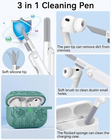 حافظة AirPods Pro 3 2025 مع مجموعة منظف، غطاء حماية من السيليكون الناعم منقوش على شكل سلحفاة لطيف متوافق مع Apple AirPods Pro الجيل الثالث للنساء والرجال مع سلسلة مفاتيح، أخضر صنوبر in Saudi Arabia
