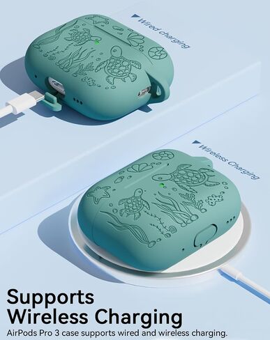 حافظة AirPods Pro 3 2025 مع مجموعة منظف، غطاء حماية من السيليكون الناعم منقوش على شكل سلحفاة لطيف متوافق مع Apple AirPods Pro الجيل الثالث للنساء والرجال مع سلسلة مفاتيح، أخضر صنوبر in Saudi Arabia