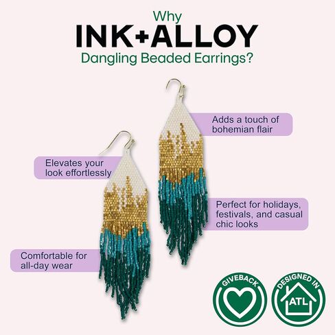 INK+ALLOY Claire Luxe Ombre Mixed Metallic 4.25-Inch Beaded Fringe Boho Earrings Handmade Jewelry for the Modern Bohemian in Kuwait