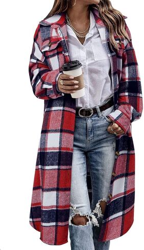 Uaneo Womens Casual Plaid Button Down Long Puff Sleeve Long Trench Coats Shackets in Saudi Arabia