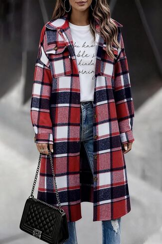 Uaneo Womens Casual Plaid Button Down Long Puff Sleeve Long Trench Coats Shackets in Saudi Arabia