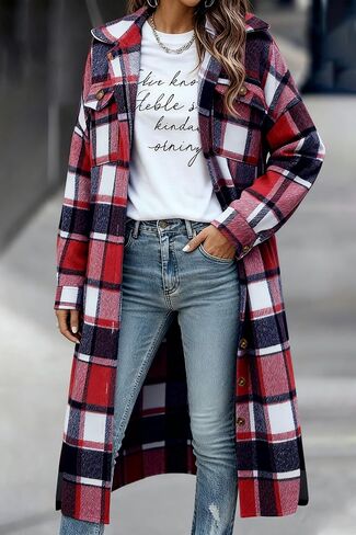 Uaneo Womens Casual Plaid Button Down Long Puff Sleeve Long Trench Coats Shackets in Saudi Arabia