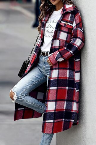 Uaneo Womens Casual Plaid Button Down Long Puff Sleeve Long Trench Coats Shackets in Saudi Arabia