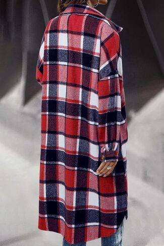 Uaneo Womens Casual Plaid Button Down Long Puff Sleeve Long Trench Coats Shackets in Saudi Arabia