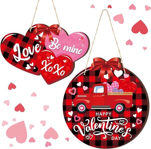 2 Pcs Happy Valentine's Day Signs Hanging Wooden Door Sign Truck Gnome Valentine's Day Decor Valentine's Day Heart Wreath Valentine's Day Wall Decorations for Home Wedding Anniversary Party, 2 Styles in Saudi Arabia