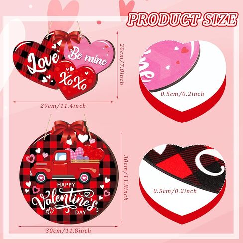 2 Pcs Happy Valentine's Day Signs Hanging Wooden Door Sign Truck Gnome Valentine's Day Decor Valentine's Day Heart Wreath Valentine's Day Wall Decorations for Home Wedding Anniversary Party, 2 Styles in Saudi Arabia