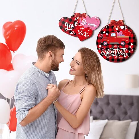 2 Pcs Happy Valentine's Day Signs Hanging Wooden Door Sign Truck Gnome Valentine's Day Decor Valentine's Day Heart Wreath Valentine's Day Wall Decorations for Home Wedding Anniversary Party, 2 Styles in Saudi Arabia