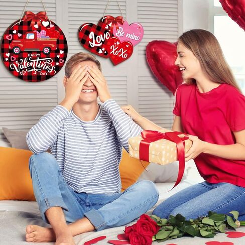 2 Pcs Happy Valentine's Day Signs Hanging Wooden Door Sign Truck Gnome Valentine's Day Decor Valentine's Day Heart Wreath Valentine's Day Wall Decorations for Home Wedding Anniversary Party, 2 Styles in Saudi Arabia