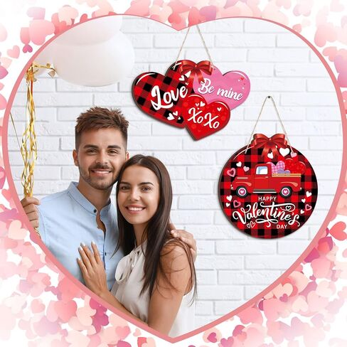 2 Pcs Happy Valentine's Day Signs Hanging Wooden Door Sign Truck Gnome Valentine's Day Decor Valentine's Day Heart Wreath Valentine's Day Wall Decorations for Home Wedding Anniversary Party, 2 Styles in Saudi Arabia