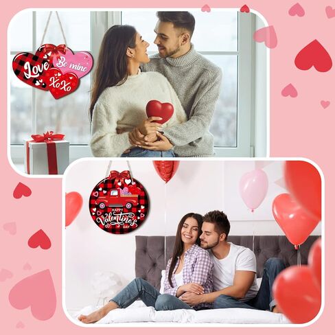 2 Pcs Happy Valentine's Day Signs Hanging Wooden Door Sign Truck Gnome Valentine's Day Decor Valentine's Day Heart Wreath Valentine's Day Wall Decorations for Home Wedding Anniversary Party, 2 Styles in Saudi Arabia