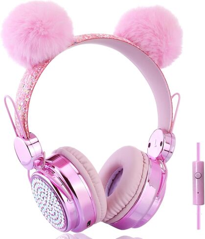 سماعات رأس للأطفال للبنات مع ميكروفون، قابس 3.5 ملم، سماعات رأس سلكية لطيفة على شكل الدب اللامع للهدايا، المدرسة (وردي) in Kuwait