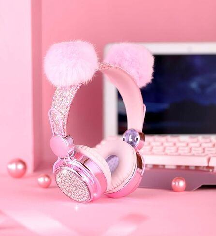 سماعات رأس للأطفال للبنات مع ميكروفون، قابس 3.5 ملم، سماعات رأس سلكية لطيفة على شكل الدب اللامع للهدايا، المدرسة (وردي) in Kuwait