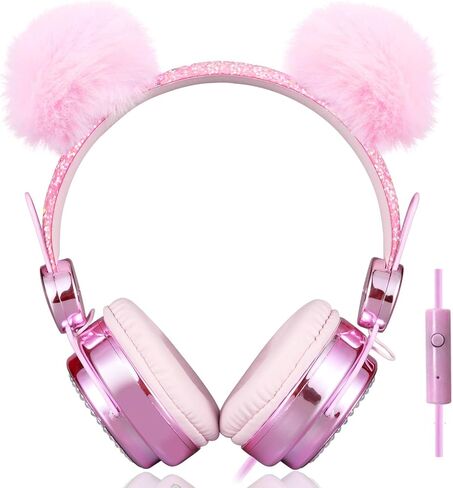 سماعات رأس للأطفال للبنات مع ميكروفون، قابس 3.5 ملم، سماعات رأس سلكية لطيفة على شكل الدب اللامع للهدايا، المدرسة (وردي) in Kuwait