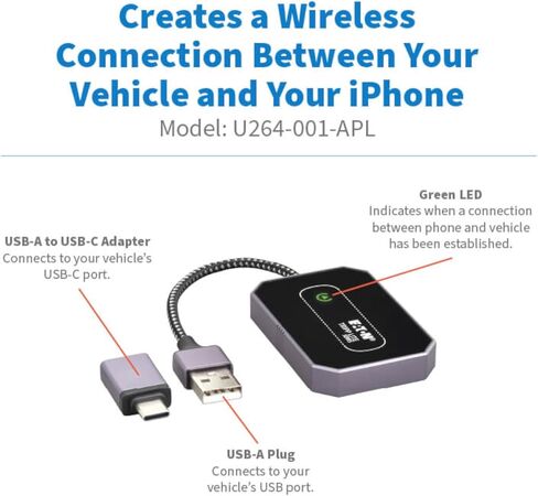 محول Eaton Tripp Lite Series Bluetooth Apple CarPlay اللاسلكي لشاشة السيارة، حجم صغير محمول، USB-C ومحول USB، iOS 10+، التوصيل والتشغيل، متوافق مع iPhone، ضمان لمدة 3 سنوات (U264-001-APL) in Saudi Arabia