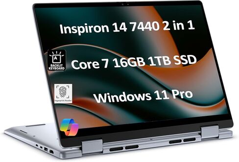 Dell Inspiron 14 7440 كمبيوتر محمول للأعمال 2 في 1 (14 بوصة FHD + شاشة لمس، Intel Core 7 150U (> i7-1355U)، ذاكرة وصول عشوائي 16 جيجابايت، 1 تيرابايت SSD) إضاءة خلفية، كاميرا ويب، Win 11 Pro مع مساعد AI (متجدد) in Kuwait