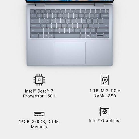Dell Inspiron 14 7440 كمبيوتر محمول للأعمال 2 في 1 (14 بوصة FHD + شاشة لمس، Intel Core 7 150U (> i7-1355U)، ذاكرة وصول عشوائي 16 جيجابايت، 1 تيرابايت SSD) إضاءة خلفية، كاميرا ويب، Win 11 Pro مع مساعد AI (متجدد) in Kuwait