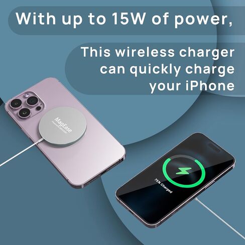 شاحن لاسلكي مغناطيسي MagEase بقدرة 15 وات، متوافق مع سلسلة iPhone 16/15/14/13/12، وAirPods Pro 2/3، وSamsung S24 Ultra - يتضمن كابل USB-C/A بطول 3.3أقدام (أبيض) in Kuwait
