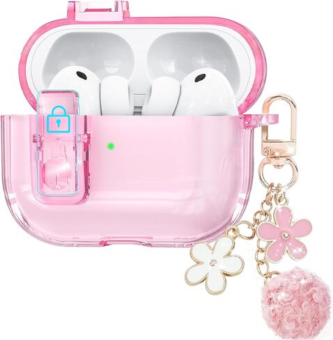 حافظة شفافة لجهاز AirPods Pro 3 مع قفل آمن، حافظة ناعمة من مادة TPU Airpods Pro 3 الجيل 2025، متوافقة مع حافظات iPods Pro 3، سلسلة مفاتيح لطيفة لامعة للنساء والفتيات (وردي) in Kuwait