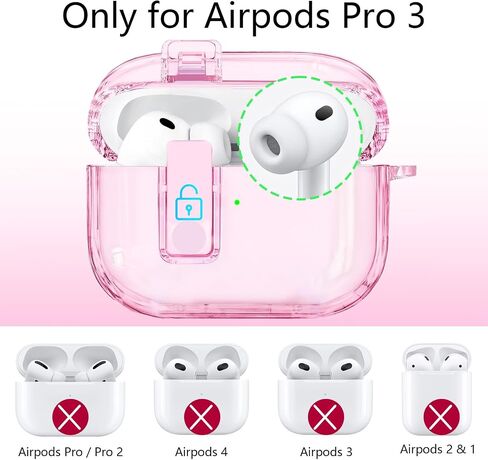 حافظة شفافة لجهاز AirPods Pro 3 مع قفل آمن، حافظة ناعمة من مادة TPU Airpods Pro 3 الجيل 2025، متوافقة مع حافظات iPods Pro 3، سلسلة مفاتيح لطيفة لامعة للنساء والفتيات (وردي) in Kuwait
