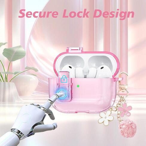 حافظة شفافة لجهاز AirPods Pro 3 مع قفل آمن، حافظة ناعمة من مادة TPU Airpods Pro 3 الجيل 2025، متوافقة مع حافظات iPods Pro 3، سلسلة مفاتيح لطيفة لامعة للنساء والفتيات (وردي) in Kuwait