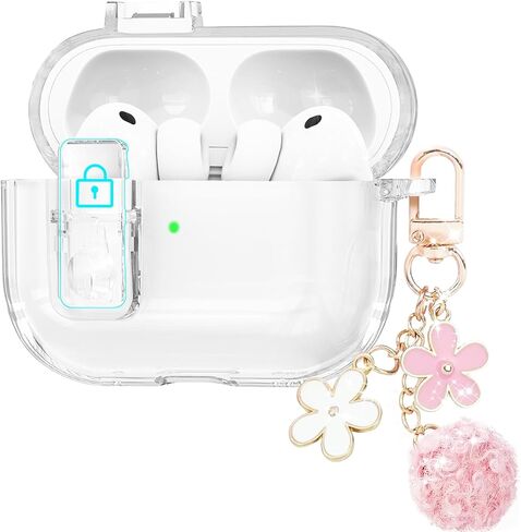 حافظة شفافة لجهاز AirPods Pro 3 مع قفل آمن، حافظة ناعمة من مادة TPU Airpods Pro 3 الجيل 2025، متوافقة مع حافظات iPods Pro 3، سلسلة مفاتيح لطيفة لامعة للنساء والفتيات (وردي) in Kuwait