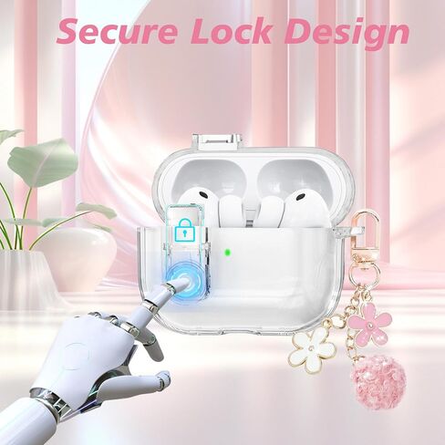 حافظة شفافة لجهاز AirPods Pro 3 مع قفل آمن، حافظة ناعمة من مادة TPU Airpods Pro 3 الجيل 2025، متوافقة مع حافظات iPods Pro 3، سلسلة مفاتيح لطيفة لامعة للنساء والفتيات (وردي) in Kuwait