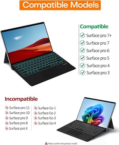 Surface Pro Keyboard Bluetooth Connection Type Cover with 7 Colors Backlit, Touchpad, Sleep/Wake Function, Rechargeable Battery for Surface Keyboard for Microsoft Surface Pro 11/10/9/8/X in Saudi Arabia