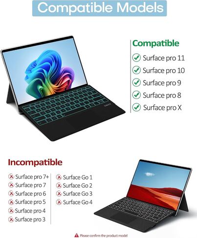 Surface Pro Keyboard Bluetooth Connection Type Cover with 7 Colors Backlit, Touchpad, Sleep/Wake Function, Rechargeable Battery for Surface Keyboard for Microsoft Surface Pro 11/10/9/8/X in Saudi Arabia