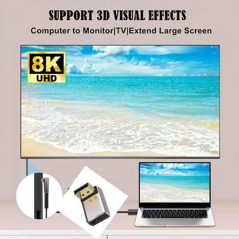 محول DisplayPort 1.4 8K، محول DP 90 درجة، دعم تمديد DisplayPort ذكر إلى أنثى 8K@60 هرتز للكمبيوتر والشاشات وأجهزة العرض (حزمة واحدة) (زاوية سفلية) in Kuwait