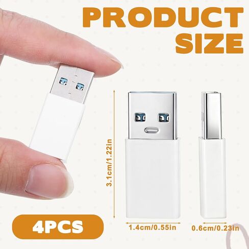 4 قطع محول USB C إلى B محول USB C أنثى إلى B ذكر لمعظم أنواع الهواتف، السيارة، توصيلات الشاحن، مقابس الحائط (أبيض) in Kuwait