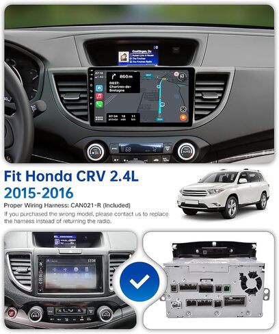 راديو Apple Car Play لاسلكي مقاس 10.2 بوصة لسيارة Honda CRV 2.4L 2015-2016، ستيريو سيارة بشاشة تعمل باللمس Android Auto، 6G +128G، نظام ملاحة GPS، واي فاي، بلوتوث، DSP 48-EQ، SWC (CAN021-R Harness) in Kuwait