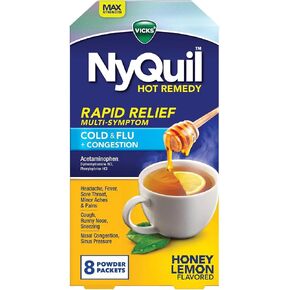 Vicks NyQuil Hot Remedy Powder Drink Mix, Rapid Relief Cold & Flu + Congestion, Honey Lemon Flavor, 8 Count in Kuwait