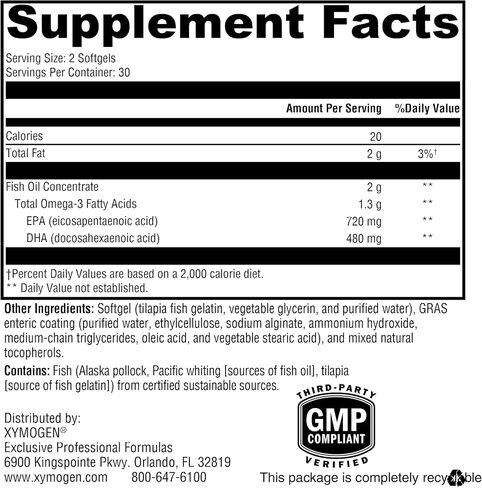 XYMOGEN OmegaPure 600 EC - International Fish Oil Standards (IFOS) Five-Star Certified Enteric-Coated Fish Oil - DHA EPA Omega-3 Supplement for Cardiovascular + Cognitive Support (60 Softgels) in Saudi Arabia