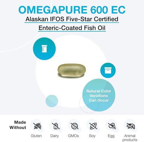 XYMOGEN OmegaPure 600 EC - International Fish Oil Standards (IFOS) Five-Star Certified Enteric-Coated Fish Oil - DHA EPA Omega-3 Supplement for Cardiovascular + Cognitive Support (60 Softgels) in Saudi Arabia