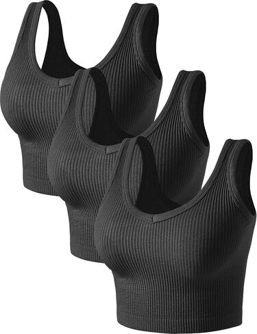 Womens Crop Tops Basic Sleeveless Both V-Neck and Round Neck 3 Pieces Black White Ribbed Seamless Casual Cami Tank Tops in Kuwait