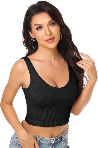 Womens Crop Tops Basic Sleeveless Both V-Neck and Round Neck 3 Pieces Black White Ribbed Seamless Casual Cami Tank Tops in Kuwait