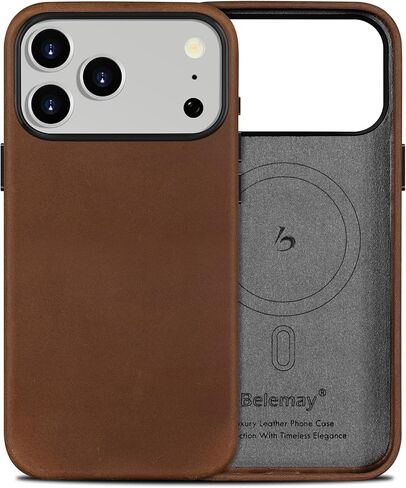 Belemay Handcrafted Crazy Horse Leather Case for iPhone 17 Pro, Compatible with MagSafe, Vintage Aesthetic, Two-Tone Effect, Unique Patina, Camera Control Button, Metal Buttons (6.3"), Vintage Brown in Saudi Arabia