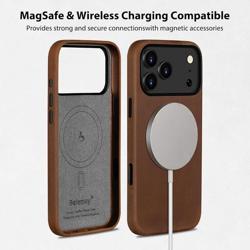 Belemay Handcrafted Crazy Horse Leather Case for iPhone 17 Pro, Compatible with MagSafe, Vintage Aesthetic, Two-Tone Effect, Unique Patina, Camera Control Button, Metal Buttons (6.3"), Vintage Brown in Saudi Arabia