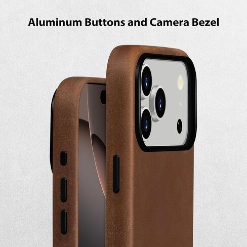 Belemay Handcrafted Crazy Horse Leather Case for iPhone 17 Pro, Compatible with MagSafe, Vintage Aesthetic, Two-Tone Effect, Unique Patina, Camera Control Button, Metal Buttons (6.3"), Vintage Brown in Saudi Arabia