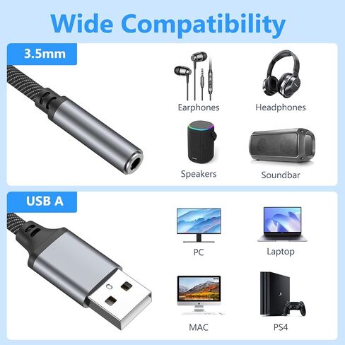 Vanjua 3 عبوات USB إلى 3.5 مم محول مقبس الصوت، USB A إلى 3.5 مم TRRS 4-Pole أنثى محول بطاقة الصوت الخارجية لسماعات الرأس/الكمبيوتر المحمول/Mac/سطح المكتب/Linux/PS4/PS5/PC والمزيد من الأجهزة (أسود) in Kuwait