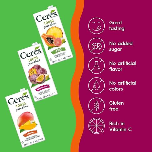 Ceres 100% All Natural Pure Fruit Juice Blend, Passion Fruit - Gluten Free, Rich in Vitamin C, No Added Sugar or Preservatives, Cholesterol Free - 33.8 FL OZ (Pack of 1) in Saudi Arabia