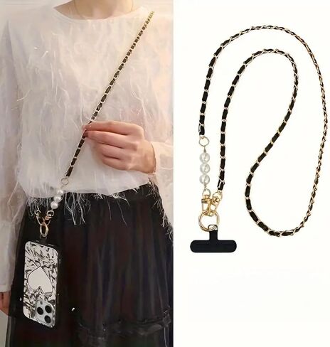 Adjustable Pearl Phone Lanyard, PU Leather Hands-Free Strap with Metal Charm for Most Smartphones in Saudi Arabia